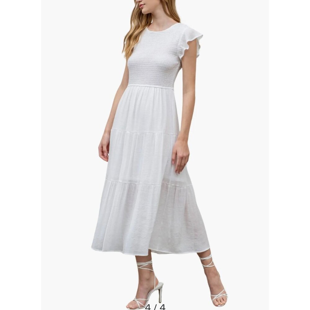 NWT August Sky Womens Smocked‎ Tiered Midi Dress White Size Medium